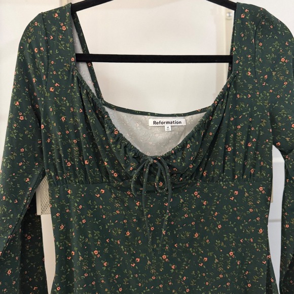 Reformation Anjeline Mini Dress Coriander Green Floral Long Sleeve Ruffle Size M - Picture 2 of 4